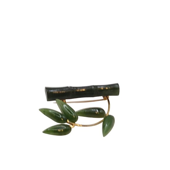 VTG Brooch Jade Green Stone Bamboo Leaves Botanical Cottagecore FairyCore Pin - Picture 7 of 15